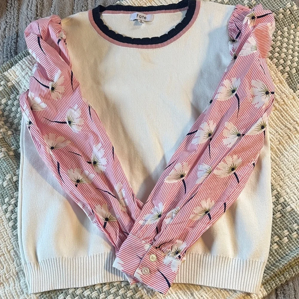 Fate Women's White and Pink Sweater with Floral Sleeves - Picture 2 of 4